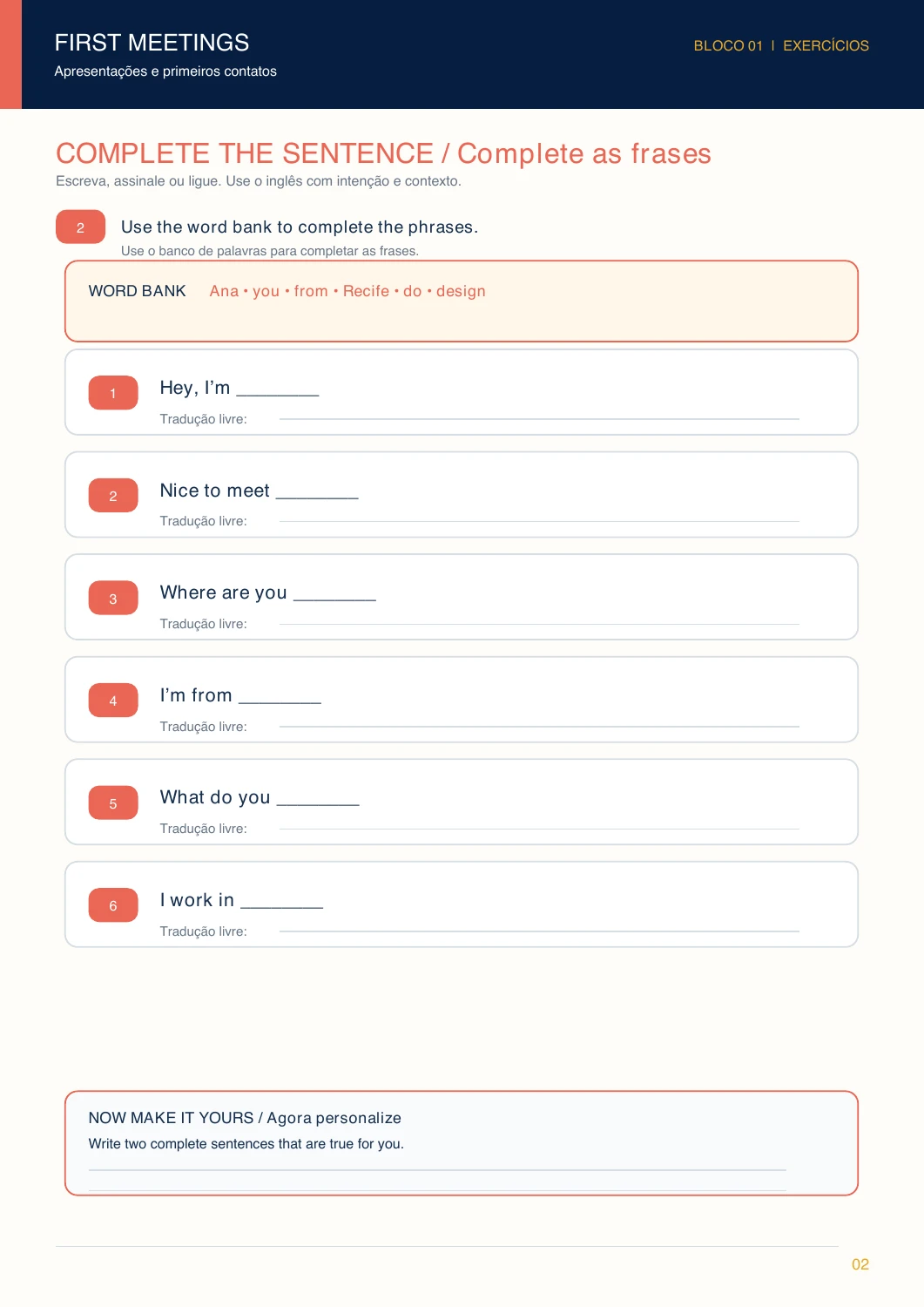 Exercício real para completar frases de apresentação